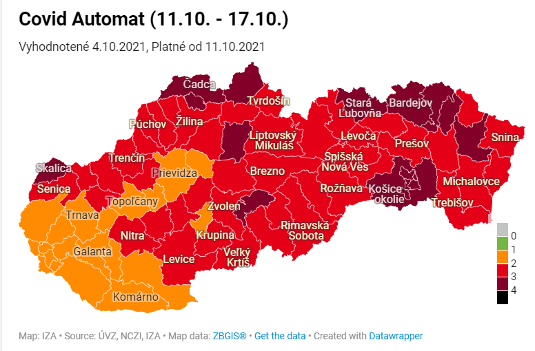 Väčšina okresov bude červených, čiernu a zelenú farbu nemá zatiaľ žiaden okres