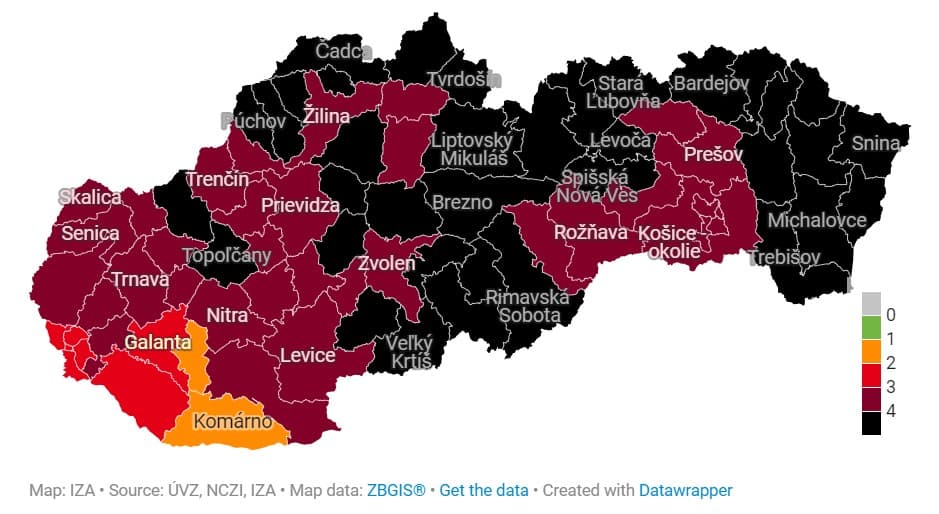 V oranžovej farbe ostražitosti ostanú od pondelka už len okresy Komárno a Šaľa