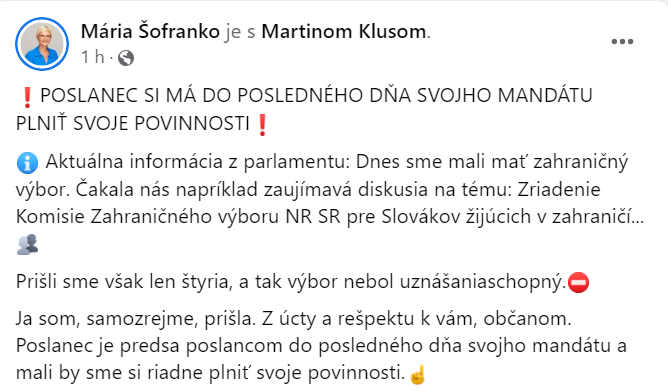 Status Márie Šofranko k zasadaniu výboru.