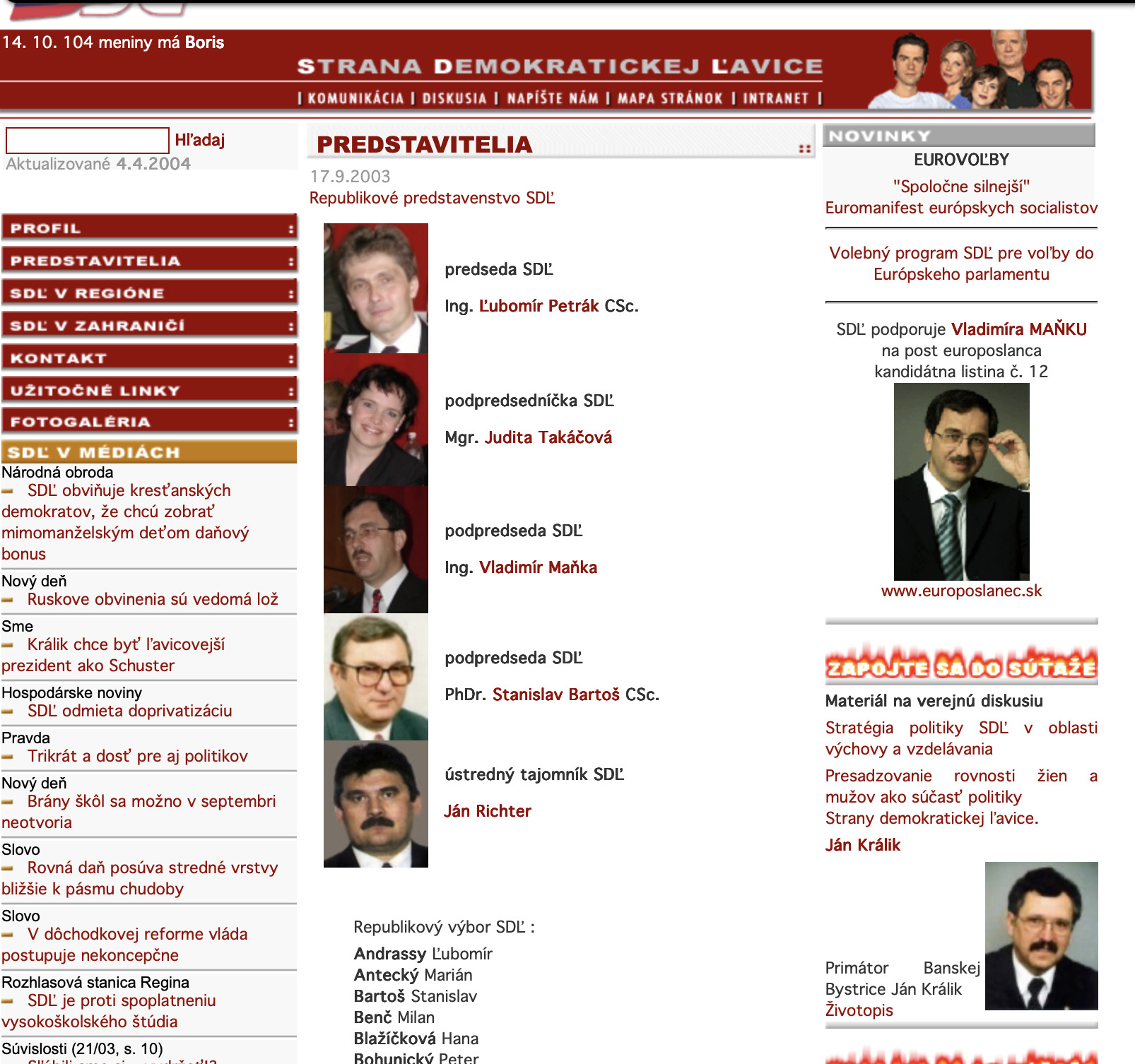 Archív: screenshot SDL.SK (2004) podporovala na post europoslanca Vladimíra Maňku - krátko pred tým, ako sa SDĽ spojila so stranou SMER
