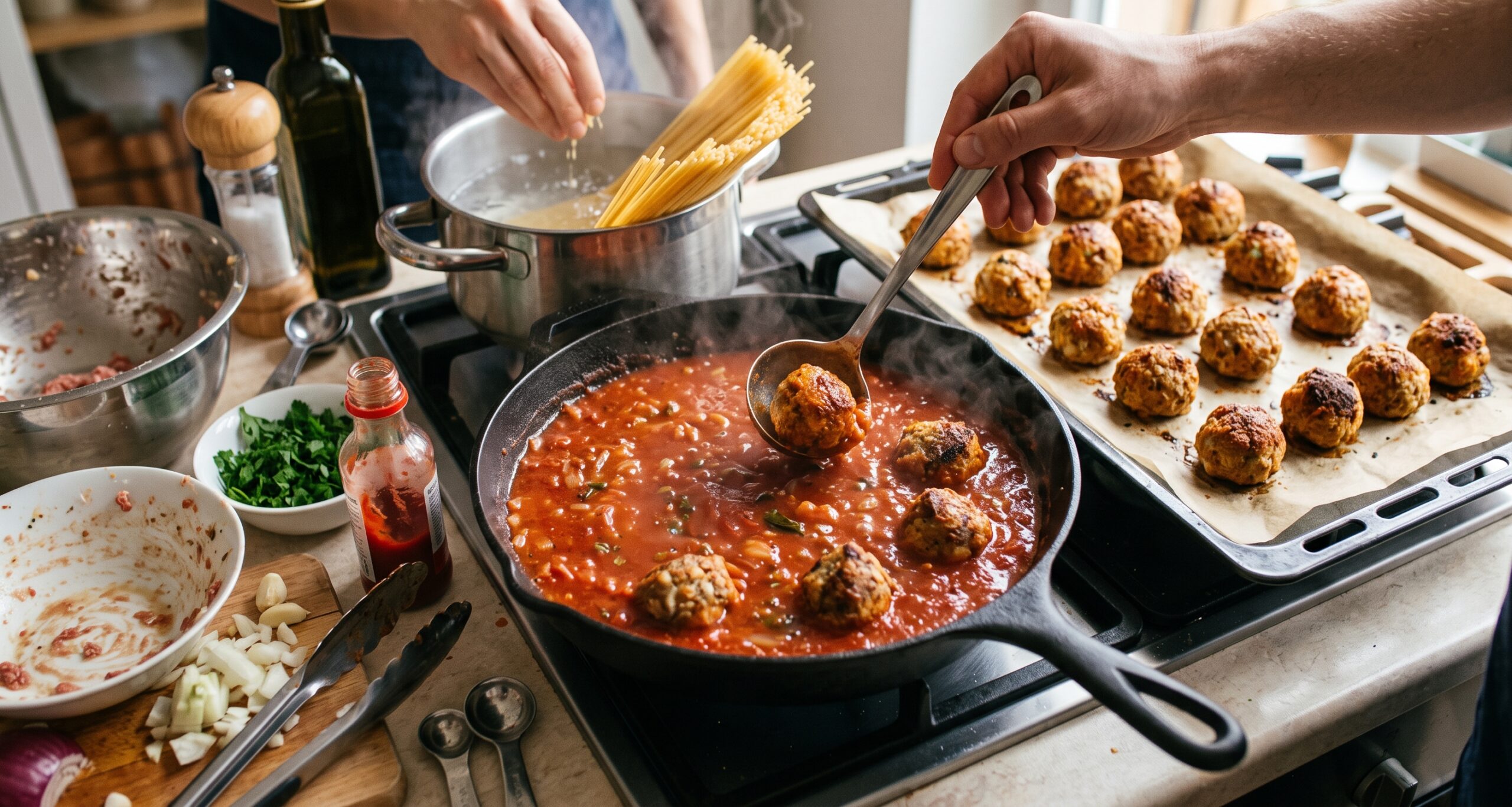 Fotografia k súvisiacemu článku Tip na recept: Pečené mäsové guľky v paradajkovej omáčke s cestovinami