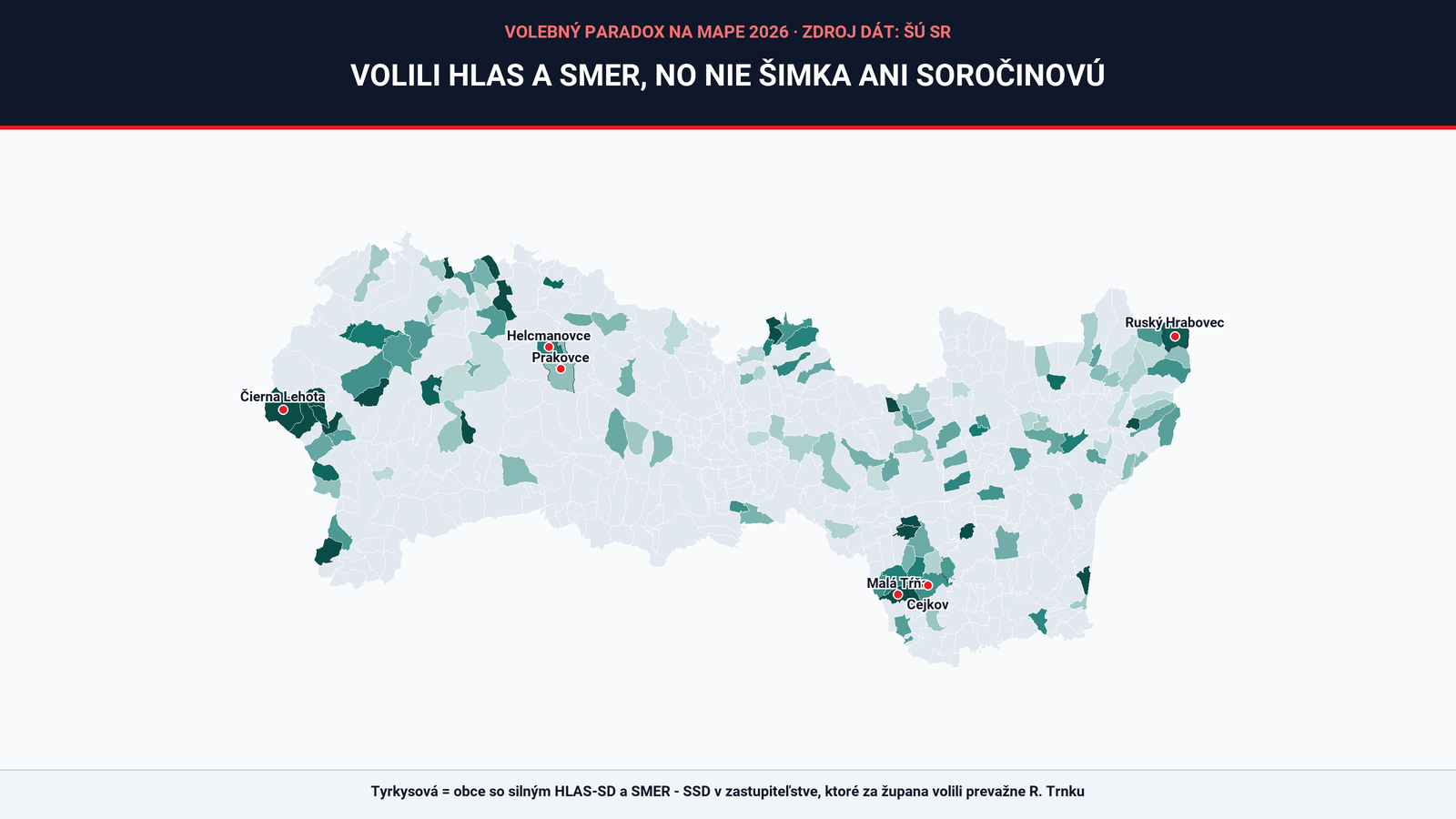 Volebný paradox na mape KSK: Tu ľudia masívne volili HLAS a SMER do zastupiteľstva, no Šimka ani Soročinovú za župana nechceli