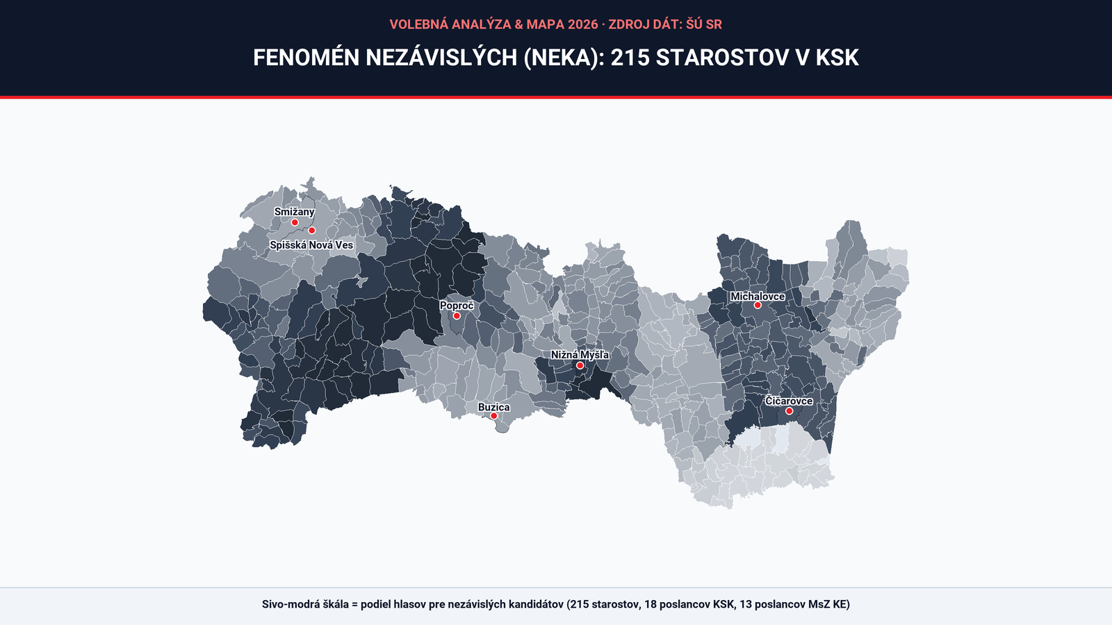 Fenomén nezávislých (NEKA) na interaktívnej mape KSK: Ovládli 215 radníc, získali 18 kresiel v kraji a 13 v Košiciach