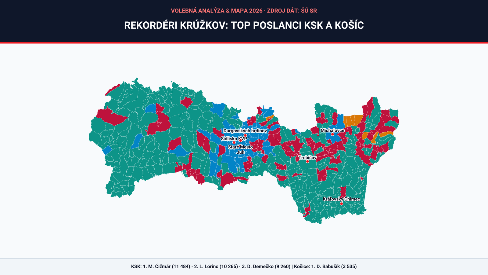 Fotografia k článku Rekordéri preferenčných krúžkov 2026 na interaktívnej mape: Marek Čižmár získal 11 484 hlasov, pozrite si TOP 15 poslancov KSK aj Košíc