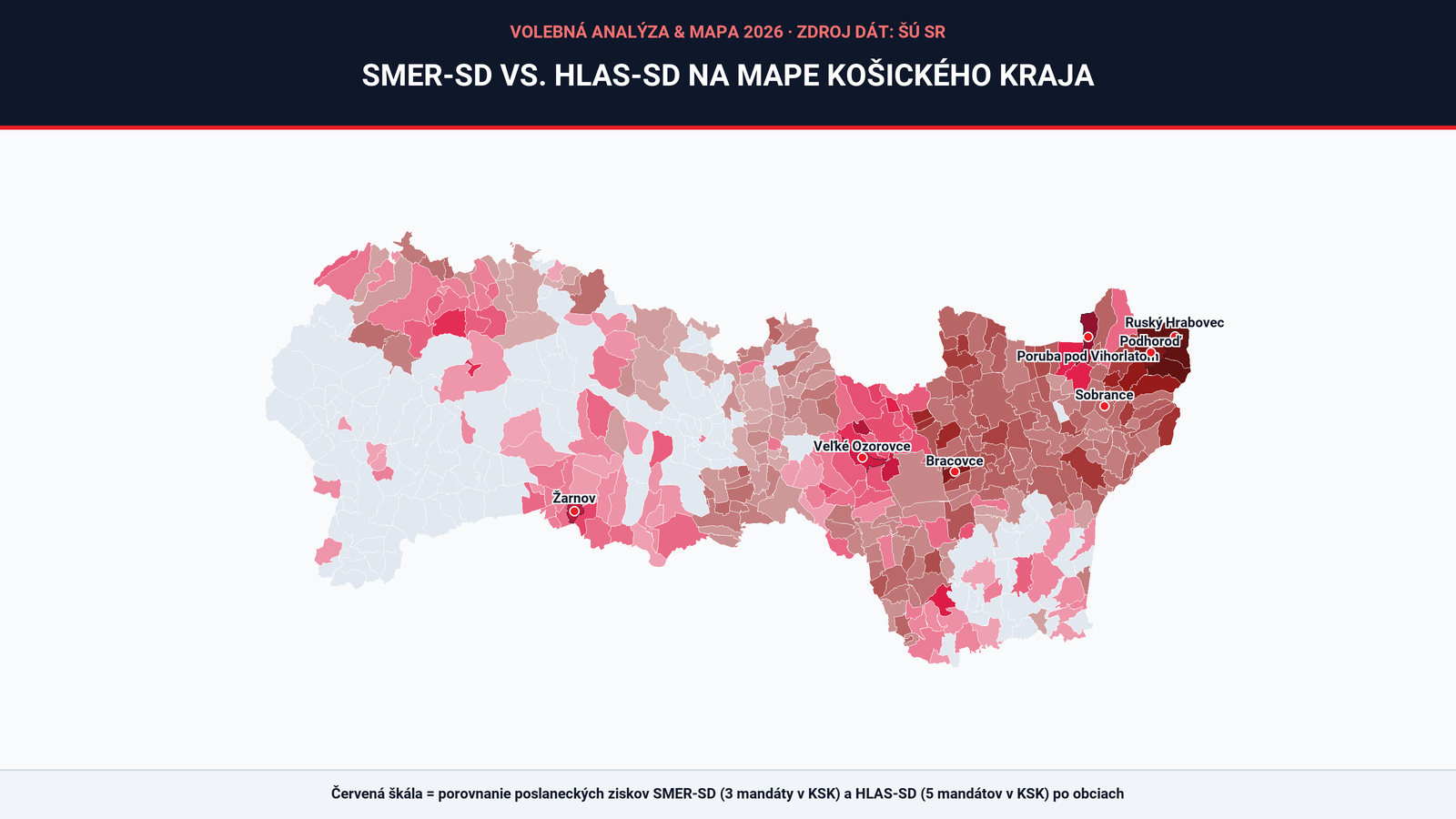 SMER-SD verzus HLAS-SD na interaktívnej mape Košického kraja: Pozrite si, v ktorých obciach dominoval Smer a kde mal navrch Hlas