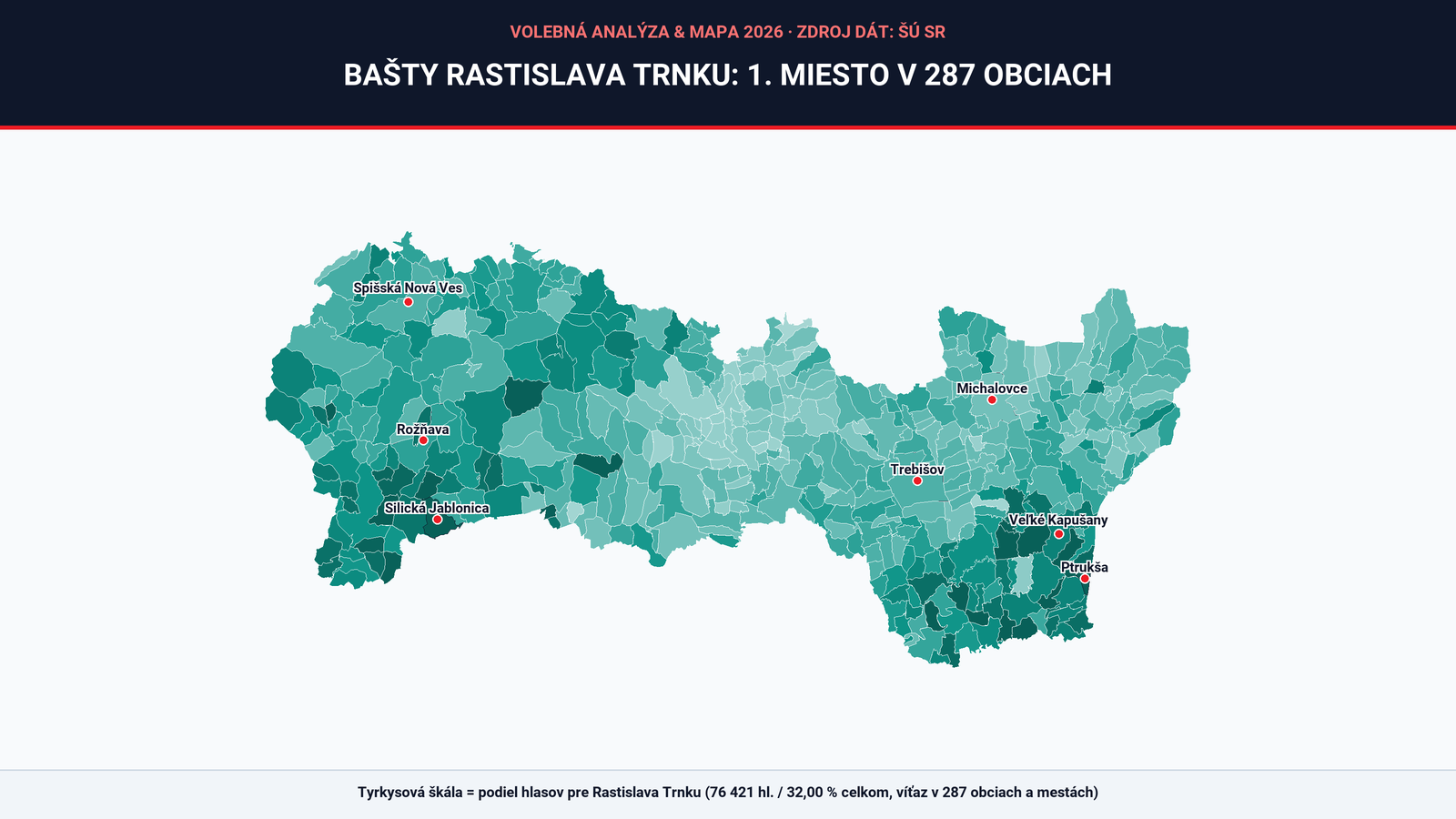 Interaktívna mapa bášt Rastislava Trnku: Vyhral v 287 obciach a mestách kraja, v Ptrukši presiahol 90 percent