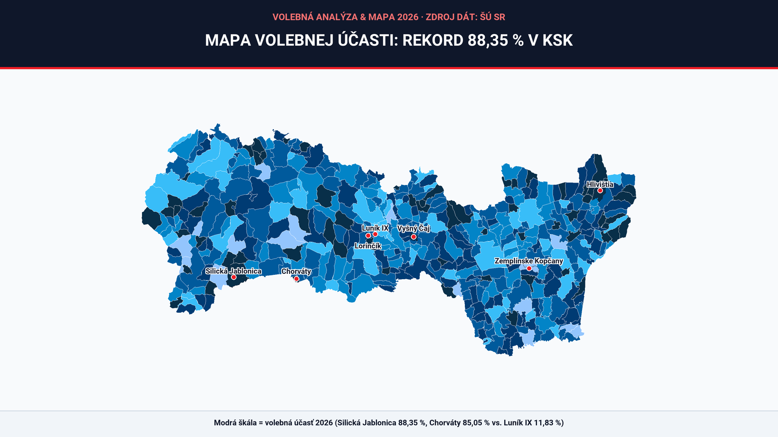 Interaktívna mapa volebnej účasti 2026: Od 88,35 % v Silickej Jablonici po 11,83 % na Luníku IX. Komu pomohla vyššia účasť?