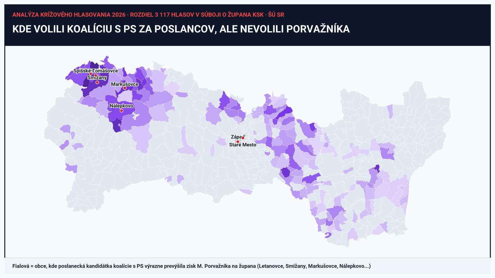 Fotografia k článku Prečo ušlo víťazstvo o 3 117 hlasov? Mapa obcí, kde ľudia volili koalíciu s PS do zastupiteľstva, ale nevolili Porvažníka (a v Košiciach nie Mudráka)