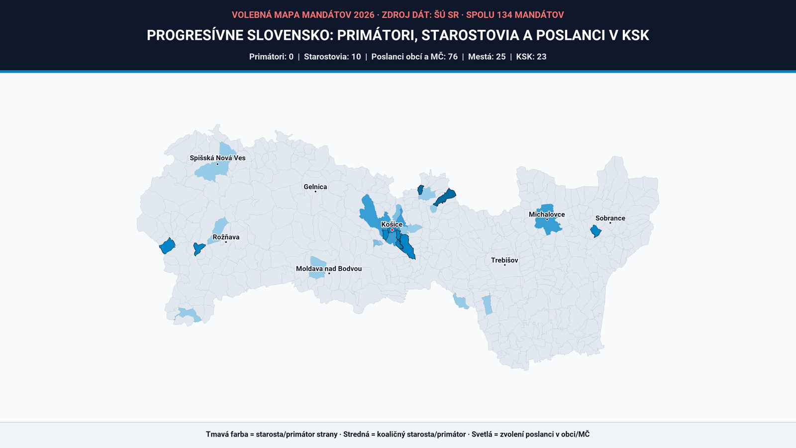 Progresívne Slovensko získalo v Košiciach a Košickom kraji 134 mandátov (zoznam + mapa)