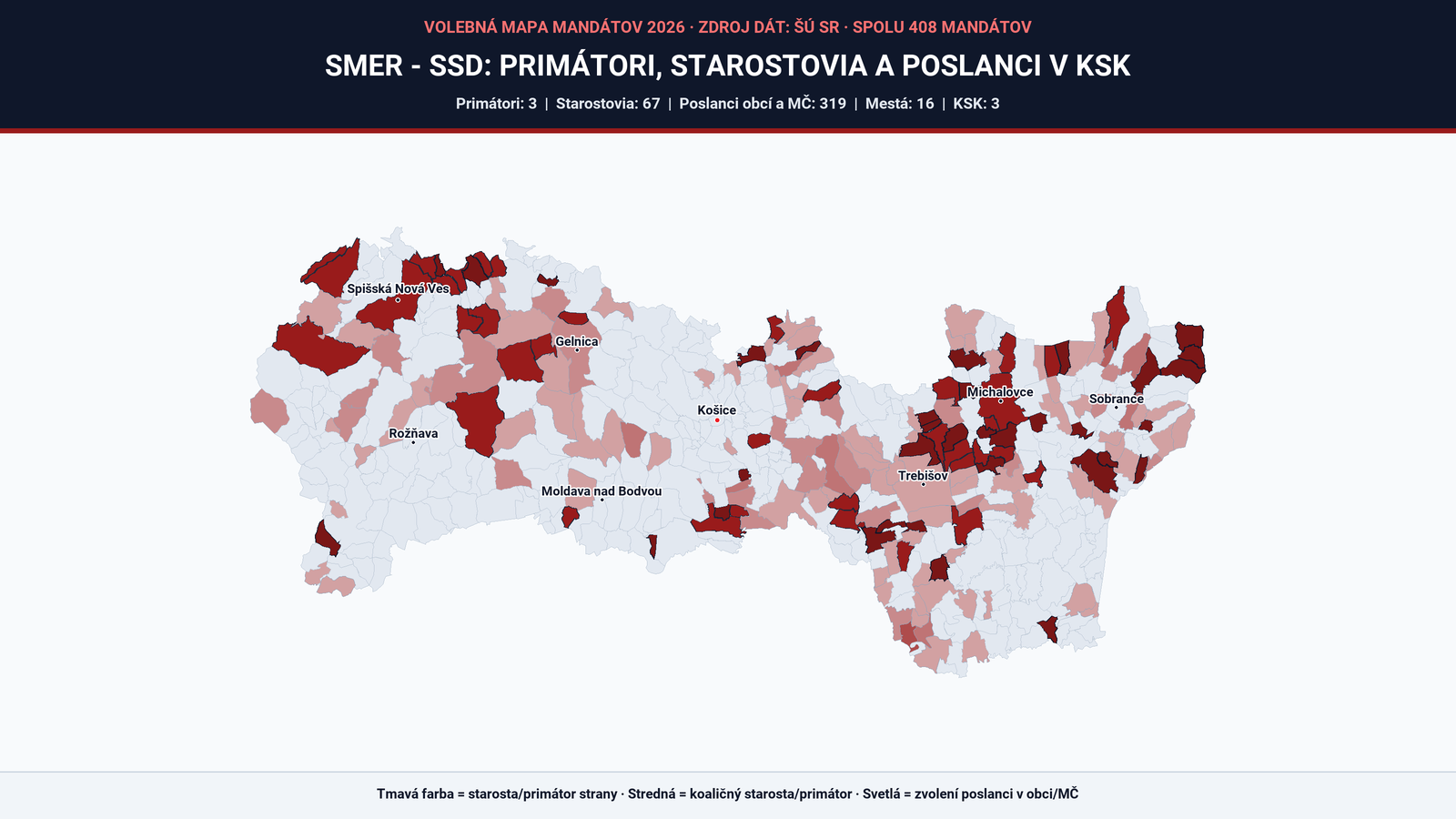 SMER – SSD získal v Košiciach a Košickom kraji 408 mandátov (zoznam + mapa)