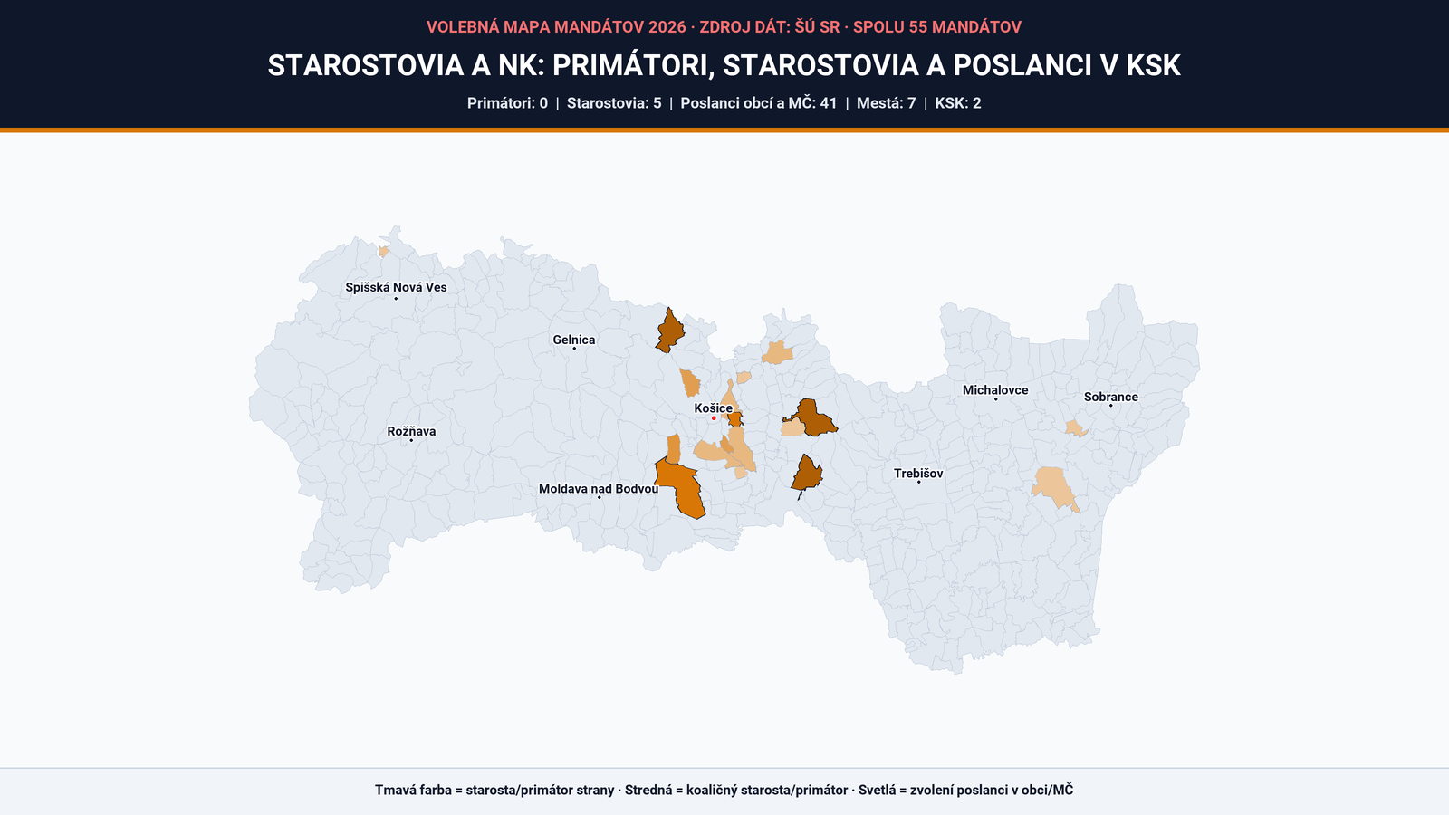 Fotografia k článku Koľko primátorov, starostov a poslancov má Starostovia a NK v Košiciach a Košickom kraji? Interaktívna mapa a kompletný zoznam (55 mandátov)